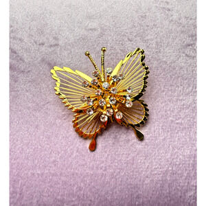 Vintage MONET Wire & Clear Rhinestone Butterfly Brooch Gold Tone Insect Moth Pin